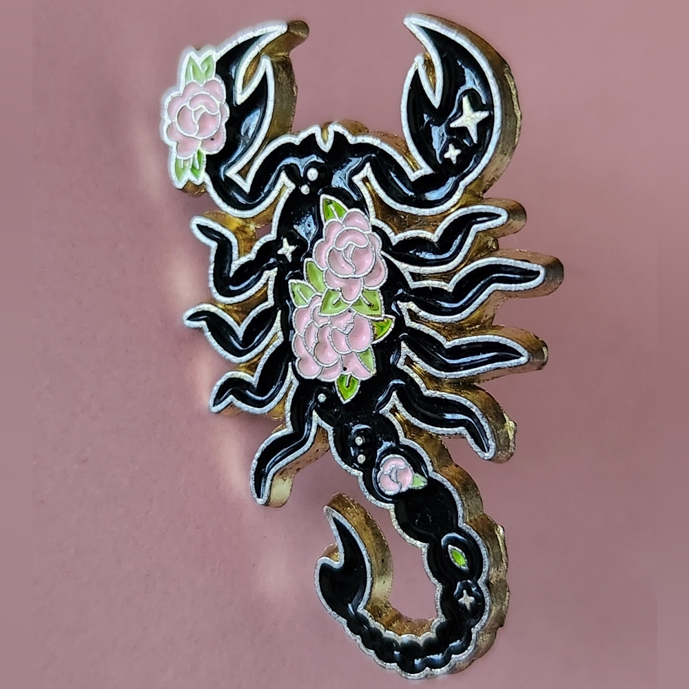 Scorpion Enamel Pin Brooch with Floral Accents